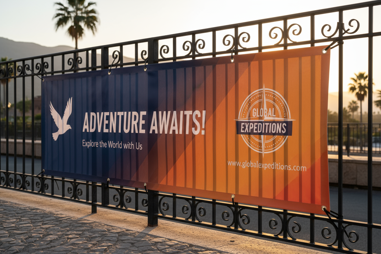 avertising banner hanging on railings